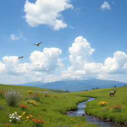 A serene landscape featuring a lush green meadow with colorful wildflowers, a clear blue sky with fluffy white clouds, and a distant mountain range