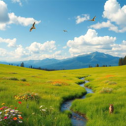 A serene landscape featuring a lush green meadow with colorful wildflowers, a clear blue sky with fluffy white clouds, and a distant mountain range