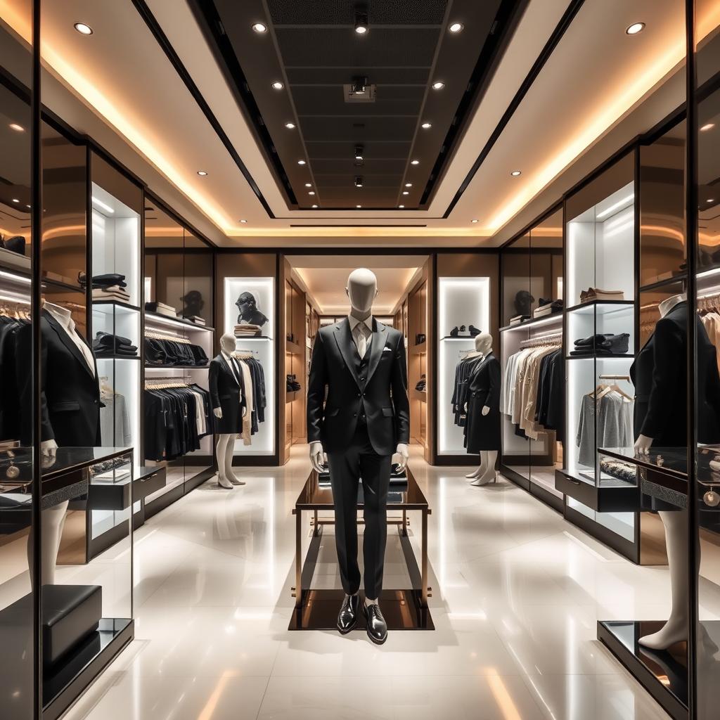 A sophisticated clothing store with elegant interior design, shown from multiple angles