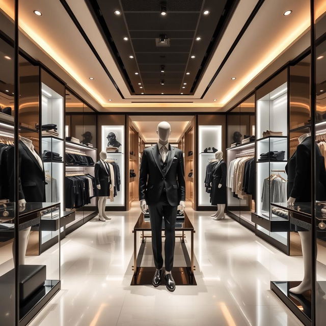 A sophisticated clothing store with elegant interior design, shown from multiple angles