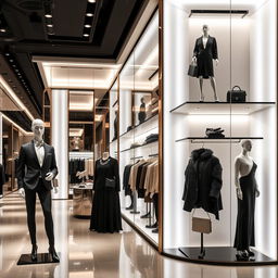 A sophisticated clothing store with elegant interior design, shown from multiple angles