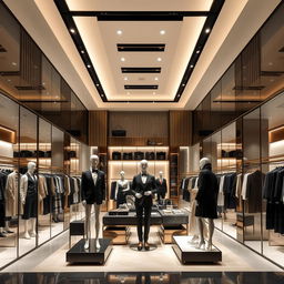 A sophisticated clothing store with elegant interior design, shown from multiple angles