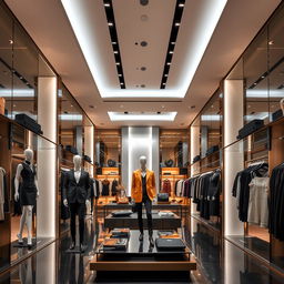 A sophisticated clothing store with elegant interior design, shown from multiple angles