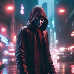 A portrait of a man with a scary mask and red hood standing under the rain