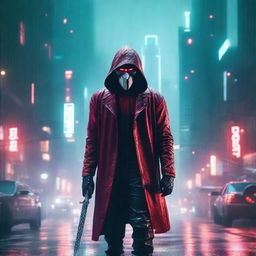 A portrait of a man with a scary mask and red hood standing under the rain