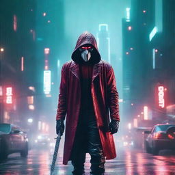 A portrait of a man with a scary mask and red hood standing under the rain