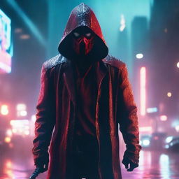 A portrait of a man with a scary mask and red hood standing under the rain