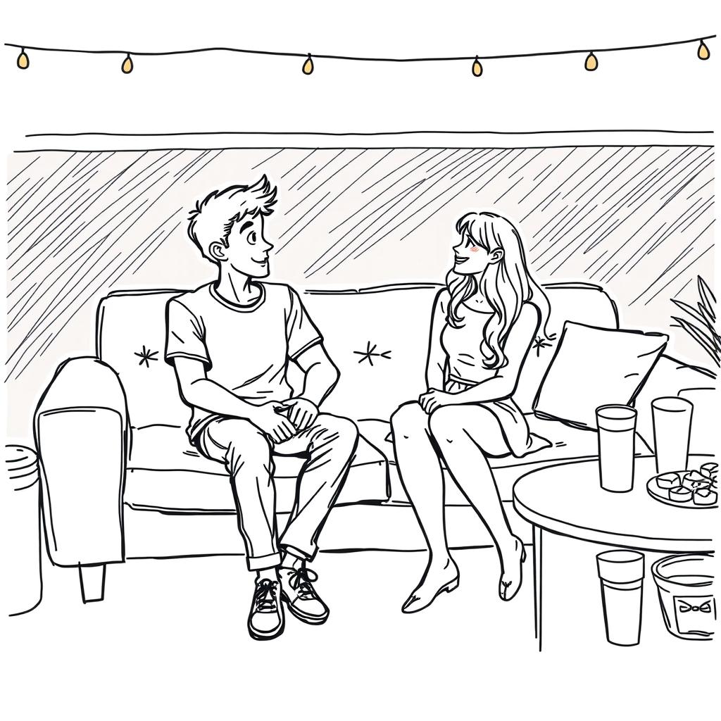 A sketch-style drawing of a cozy couch at a college party