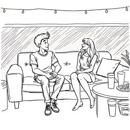 A sketch-style drawing of a cozy couch at a college party