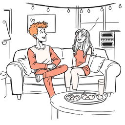 A sketch-style drawing of a cozy couch at a college party