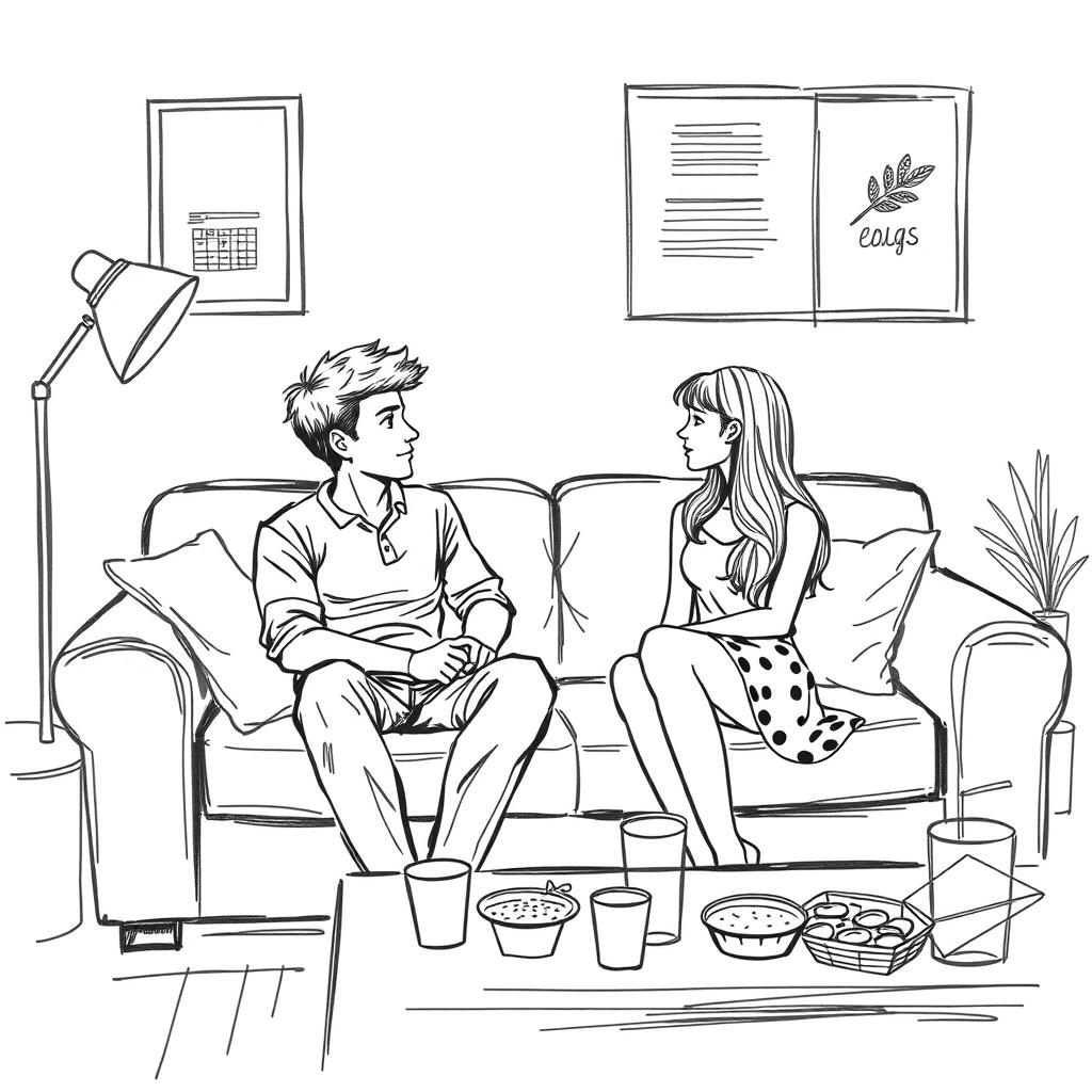 A realistic sketch-style drawing of a cozy couch at a college party, designed in the style of a romantic book cover