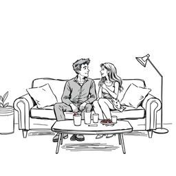 A realistic sketch-style drawing of a cozy couch at a college party, designed in the style of a romantic book cover