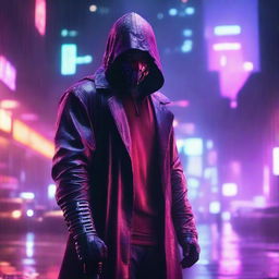 A portrait of a man with a scary mask and red hood standing under the rain