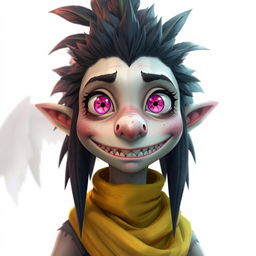 A character with pale skin, a flat rectangular nose, magenta eyes, and shark-like teeth