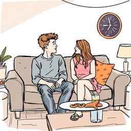 A realistic sketch-style drawing in color of a cozy couch at a college party, designed in the style of a romantic book cover