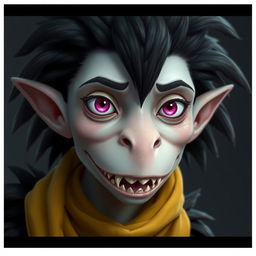 A character with pale skin, a flat rectangular nose, magenta eyes, and shark-like teeth