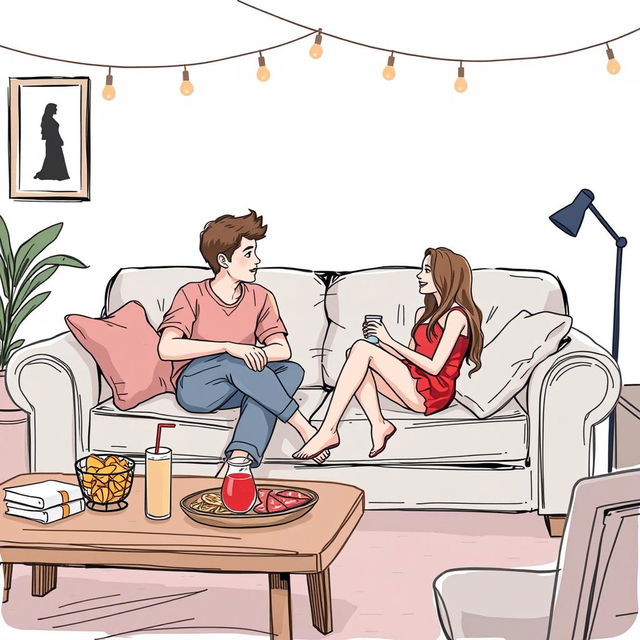 A realistic sketch-style drawing in color of a cozy couch at a college party, designed in the style of a romantic book cover