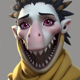 A character with pale skin, a flat rectangular nose, magenta eyes, and shark-like teeth