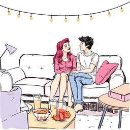 A realistic sketch-style drawing in color of a cozy couch at a college party, designed in the style of a romantic book cover