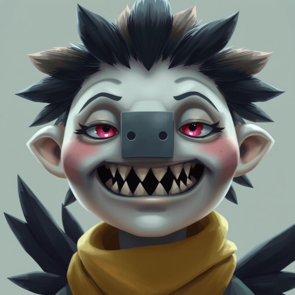 A character with pale skin, a flat rectangular nose, magenta eyes, and shark-like teeth