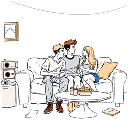 A realistic sketch-style drawing in color of a cozy couch at a college party, designed in the style of a romantic book cover