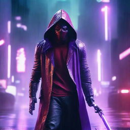 A portrait of a man with a scary mask and red hood standing under the rain