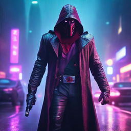 A portrait of a man with a scary mask and red hood standing under the rain