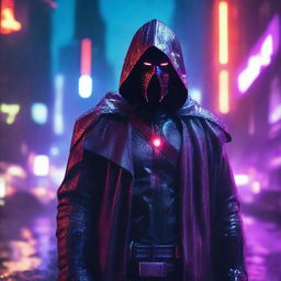 A portrait of a man with a scary mask and red hood standing under the rain