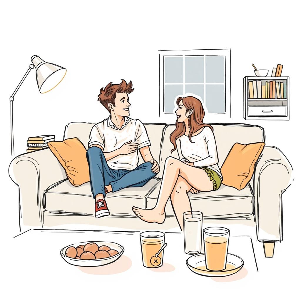 A realistic sketch-style drawing in color of a cozy couch at a college party, designed in the romantic cover style similar to an Emily Henry book