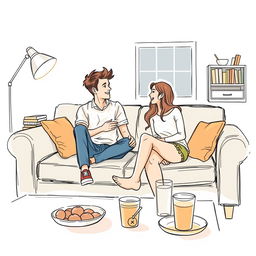 A realistic sketch-style drawing in color of a cozy couch at a college party, designed in the romantic cover style similar to an Emily Henry book