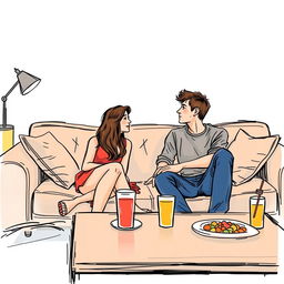 A realistic sketch-style drawing in color of a cozy couch at a college party, designed in the romantic cover style similar to an Emily Henry book