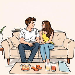 A realistic sketch-style drawing in color of a cozy couch at a college party, designed in the romantic cover style similar to an Emily Henry book