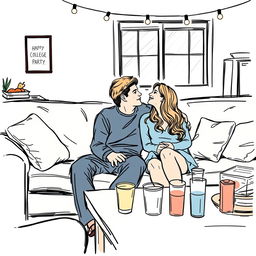 A realistic sketch-style drawing in color of a cozy couch at a college party, designed in the romantic cover style similar to an Emily Henry book