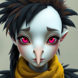 A character with pale skin, a flat rectangular nose, magenta eyes, and black and brown feathers for hair