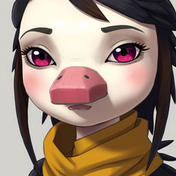 A character with pale skin, a flat rectangular nose, magenta eyes, and black and brown feathers for hair