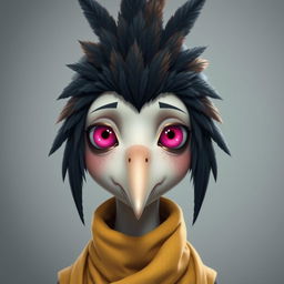 A character with pale skin, a flat rectangular nose, magenta eyes, and black and brown feathers for hair