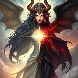 Create an image of a character who is half goddess and half demon