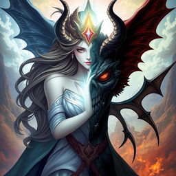 Create an image of a character who is half goddess and half demon