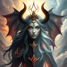 Create an image of a character who is half goddess and half demon