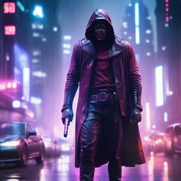 A portrait of a man with a scary mask and red hood standing under the rain