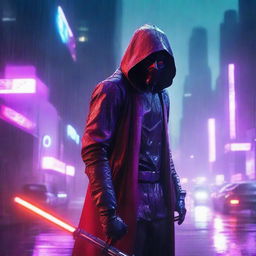 A portrait of a man with a scary mask and red hood standing under the rain