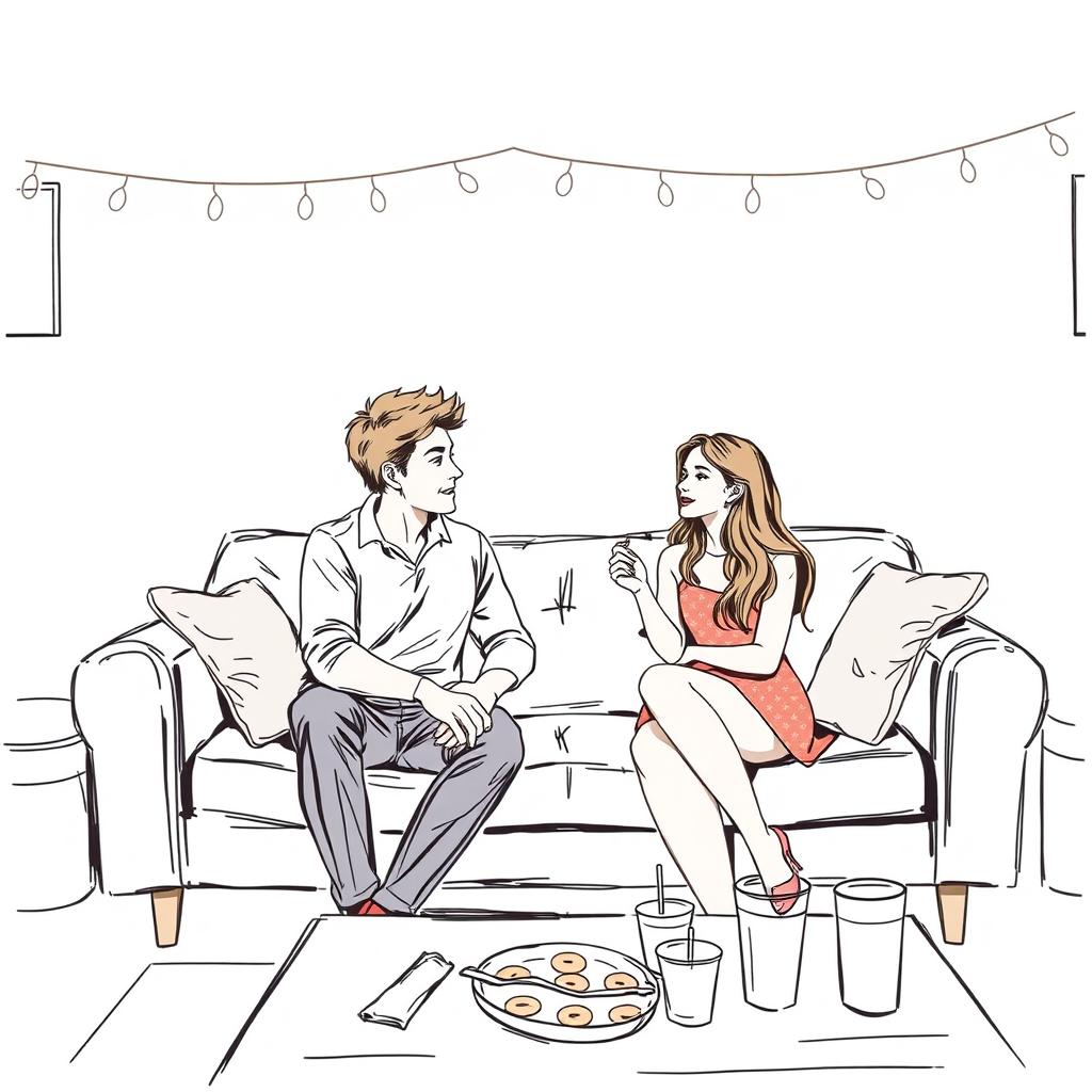 A realistic sketch-style drawing of a cozy couch at a college party, designed in the romantic cover style similar to an Emily Henry book