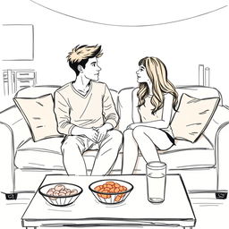 A realistic sketch-style drawing of a cozy couch at a college party, designed in the romantic cover style similar to an Emily Henry book