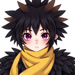 A character with magenta eyes and black and brown feathers for hair, wearing a yellow scarf