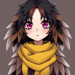 A character with magenta eyes and black and brown feathers for hair, wearing a yellow scarf