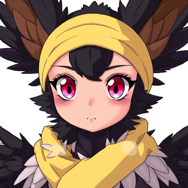 A character with magenta eyes and black and brown feathers for hair, wearing a yellow scarf