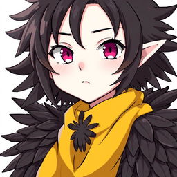 A character with magenta eyes and black and brown feathers for hair, wearing a yellow scarf