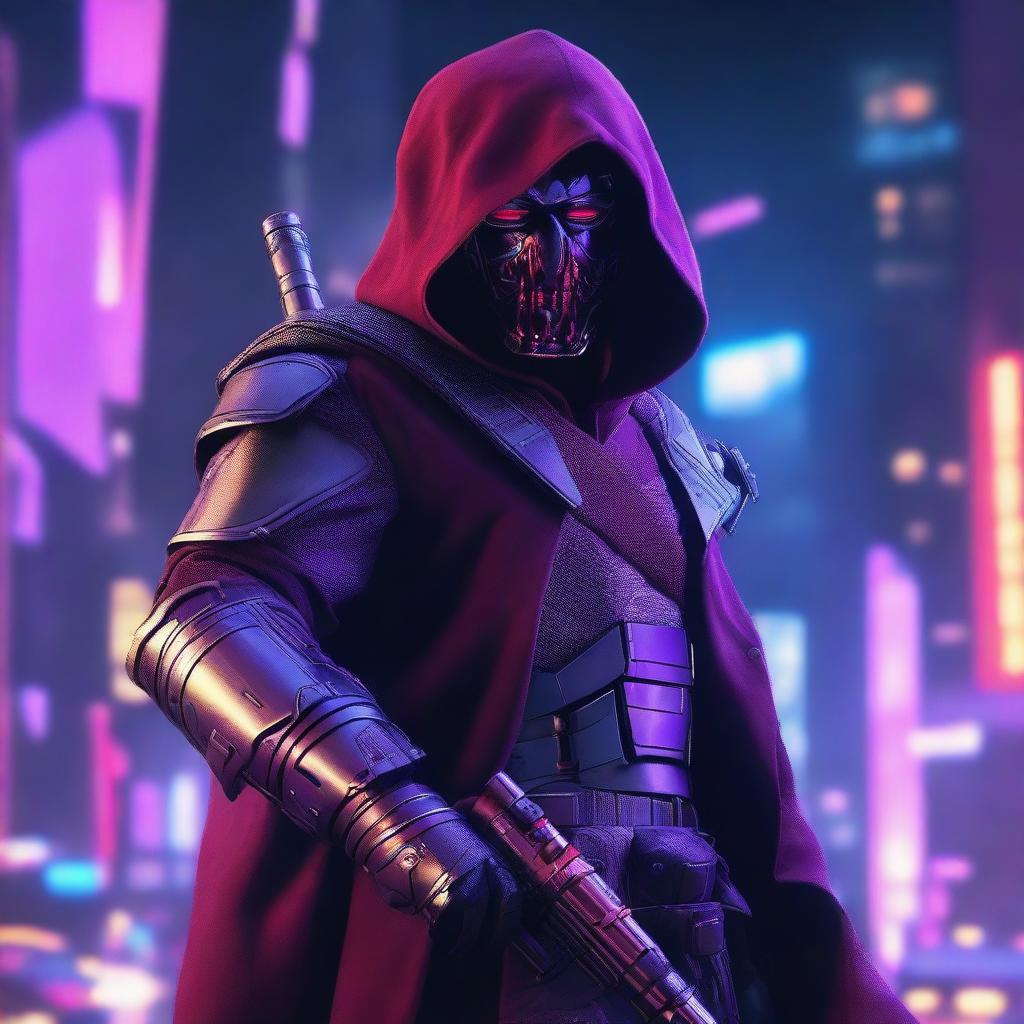 A portrait of a man with a scary mask and red hood, holding a purple lightsaber and cybergun