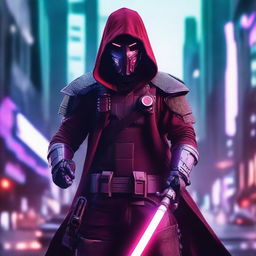 A portrait of a man with a scary mask and red hood, holding a purple lightsaber and cybergun