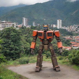 Large, powerful transformers in the urban landscape of Medellín, Colombia, with its iconic buildings in the background and lush greenery around.